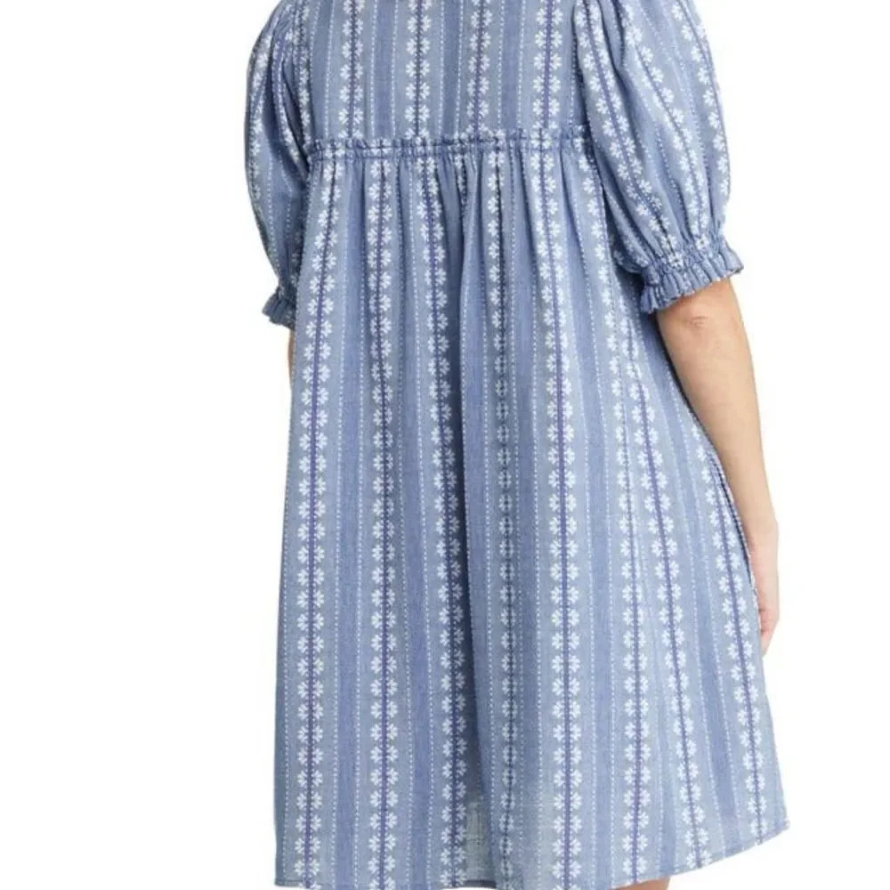 Treasure & Bond Denim Embroidered Puff Sleeve Mini Dress Boho Casual Size XL - Picture 2 of 12